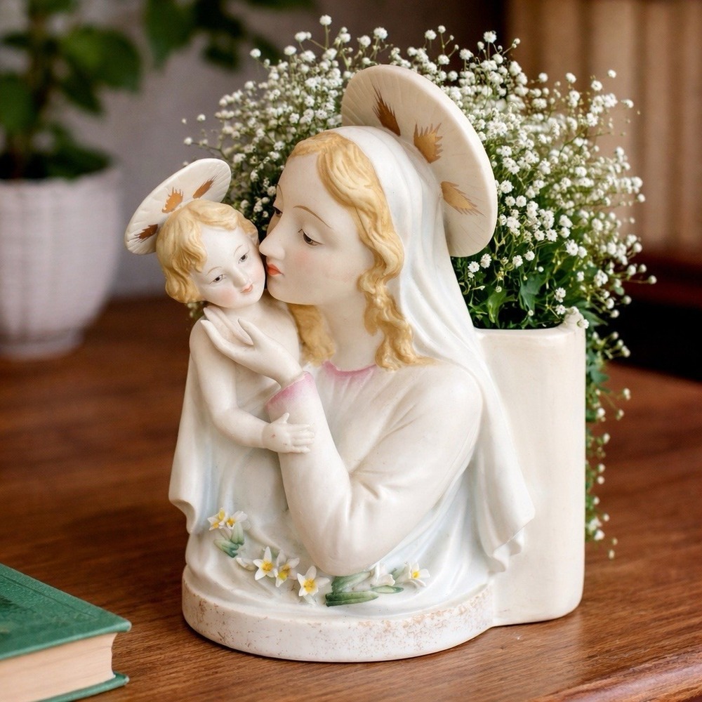 VTG Lefton Madonna & Child Planter Figurine KW1550 Hand Painted 1960s Religious